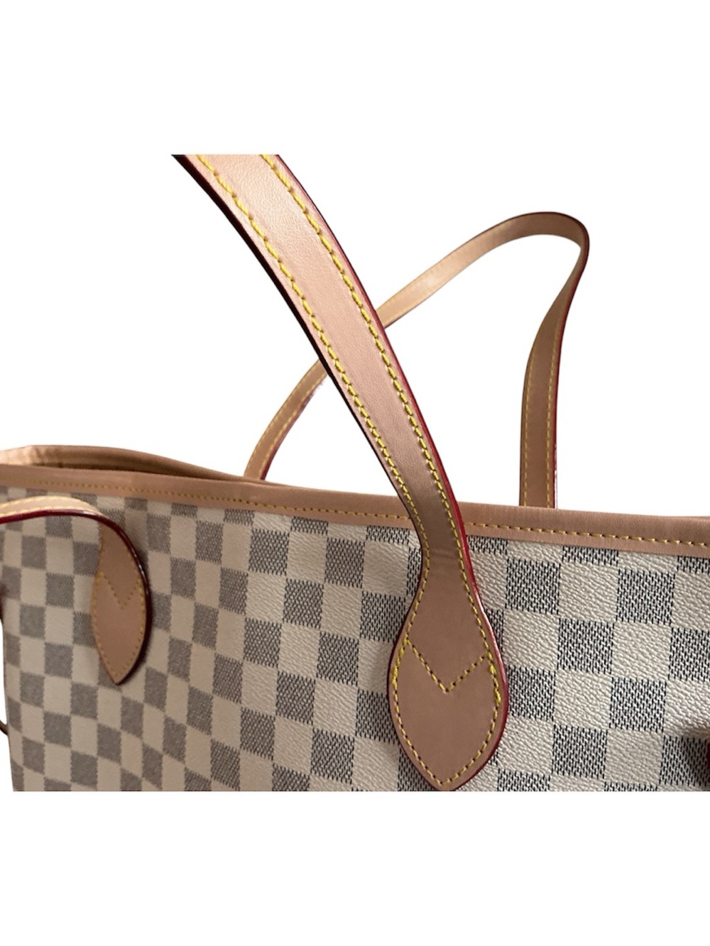 Designer-Inspired NWOT Cream Checkered Large Tote Bag with Tan Trim - Picture 4 of 6